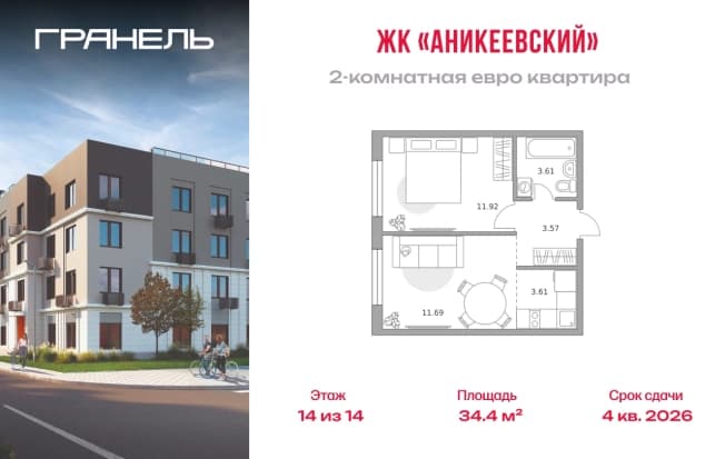 . Вариант № 2202554, 0, площадь - 34.4 квм, цена 7634694 рублей
