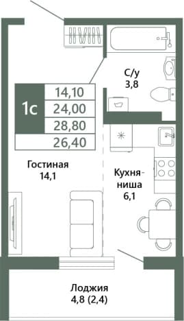 . Вариант № 1729628, 1, площадь - 26.4 квм, цена 4520000 рублей