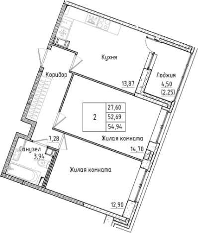 . Вариант № 1814354, 0, площадь - 52.69 квм, цена 11980455 рублей