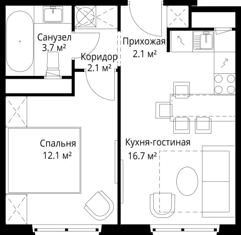 . Вариант № 2184246, 0, площадь - 36.7 квм, цена 10136724 рублей