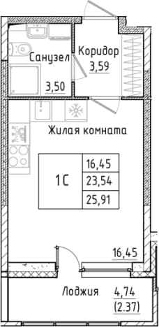 . Вариант № 1814357, 0, площадь - 23.54 квм, цена 5095047 рублей