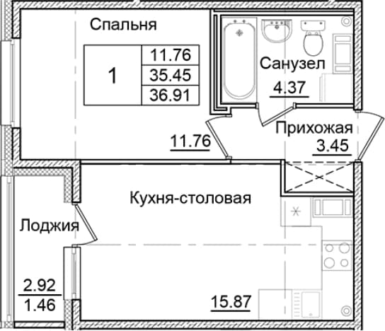 . Вариант № 2007846, 0, площадь - 35.45 квм, цена 6749090 рублей