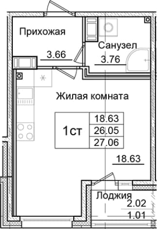 . Вариант № 1826861, 0, площадь - 26.05 квм, цена 5588070 рублей