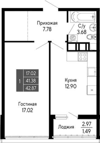 . Вариант № 2112213, 0, площадь - 41.38 квм, цена 9431400 рублей