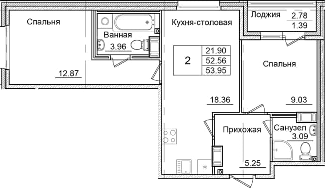 . Вариант № 1826769, 0, площадь - 52.56 квм, цена 9441250 рублей
