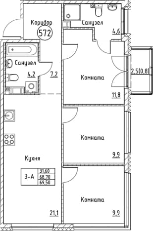 . Вариант № 2168730, 0, площадь - 68.7 квм, цена 17739180 рублей
