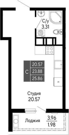 . Вариант № 2111582, 0, площадь - 23.88 квм, цена 8275200 рублей