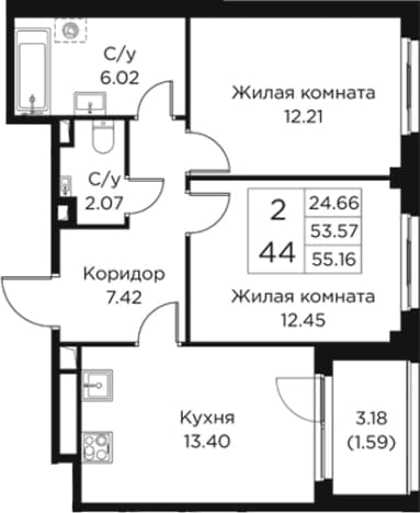 . Вариант № 2393915, 0, площадь - 53.57 квм, цена 15886080 рублей