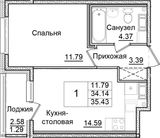 . Вариант № 1910376, 0, площадь - 34.14 квм, цена 6200250 рублей