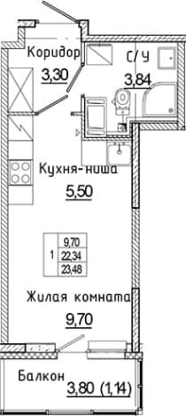. Вариант № 1814608, 0, площадь - 22.34 квм, цена 5329265 рублей