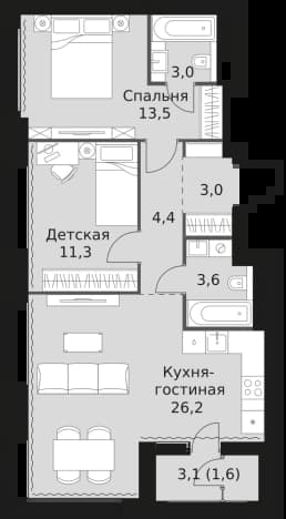 . Вариант № 2407440, 0, площадь - 66.6 квм, цена 31475160 рублей