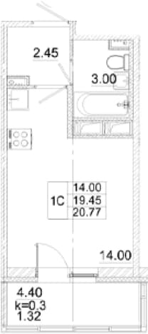 . Вариант № 2311149, 0, площадь - 19.45 квм, цена 5701365 рублей