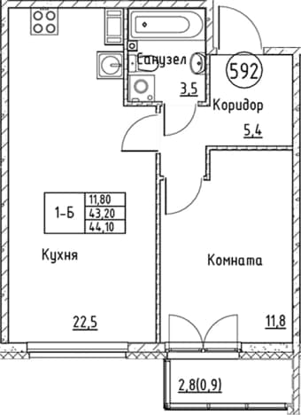 . Вариант № 1830916, 0, площадь - 43.2 квм, цена 10303255 рублей