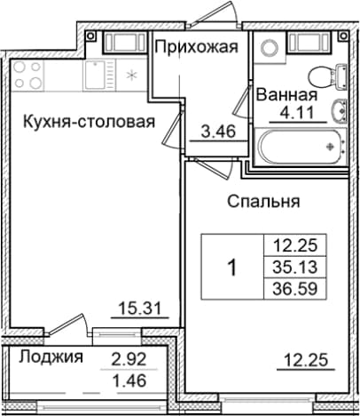 . Вариант № 1826816, 0, площадь - 35.13 квм, цена 6403250 рублей
