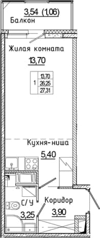 . Вариант № 1814885, 0, площадь - 26.25 квм, цена 5038354 рублей