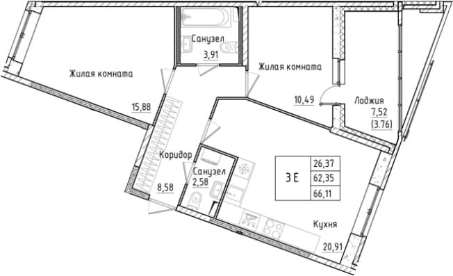 . Вариант № 1814410, 0, площадь - 62.35 квм, цена 11923192 рублей