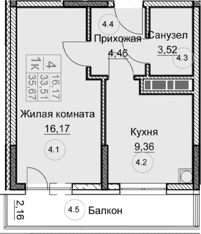 . Вариант № 2123059, 0, площадь - 33.51 квм, цена 5305500 рублей