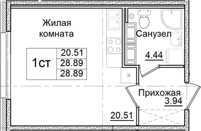 . Вариант № 2261464, 0, площадь - 28.89 квм, цена 5257980 рублей