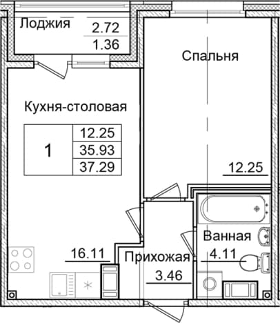 . Вариант № 1826878, 0, площадь - 35.93 квм, цена 6525750 рублей
