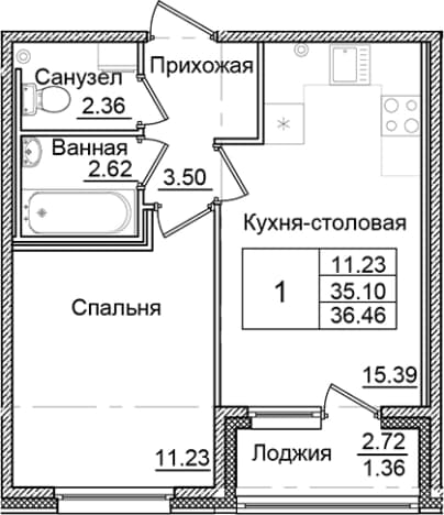 . Вариант № 1910303, 0, площадь - 35.1 квм, цена 6601445 рублей