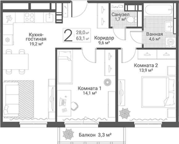 . Вариант № 2022721, 0, площадь - 63.1 квм, цена 18900000 рублей