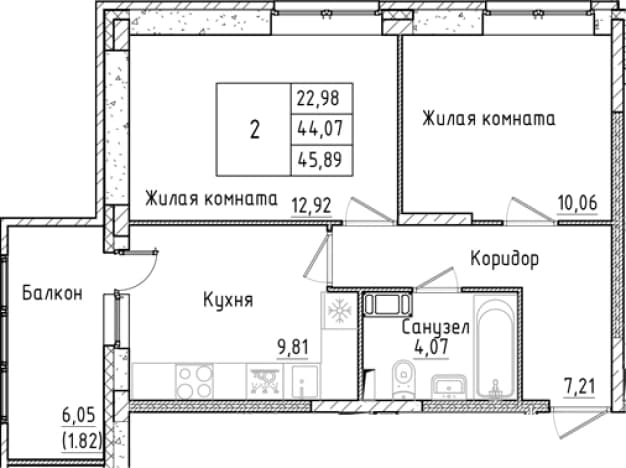 . Вариант № 1814250, 0, площадь - 44.07 квм, цена 9348862 рублей