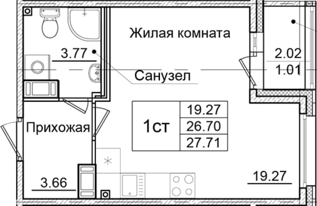 . Вариант № 1826639, 0, площадь - 26.7 квм, цена 5494936 рублей