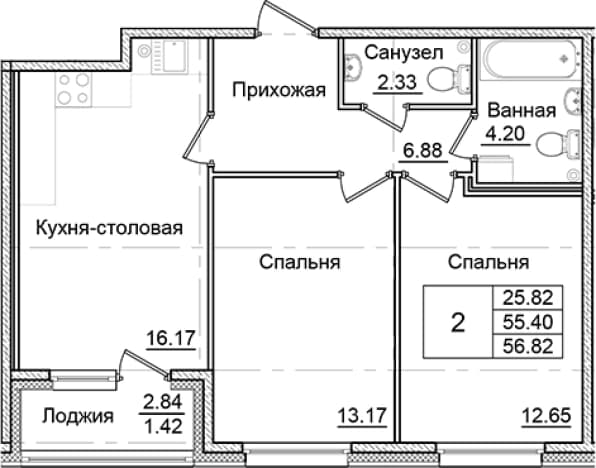 . Вариант № 1910160, 0, площадь - 55.4 квм, цена 9886381 рублей