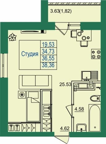 . Вариант № 1123764, 0, площадь - 36.55 квм, цена 4641850 рублей