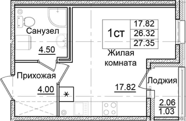 . Вариант № 1910322, 0, площадь - 26.32 квм, цена 4854417 рублей
