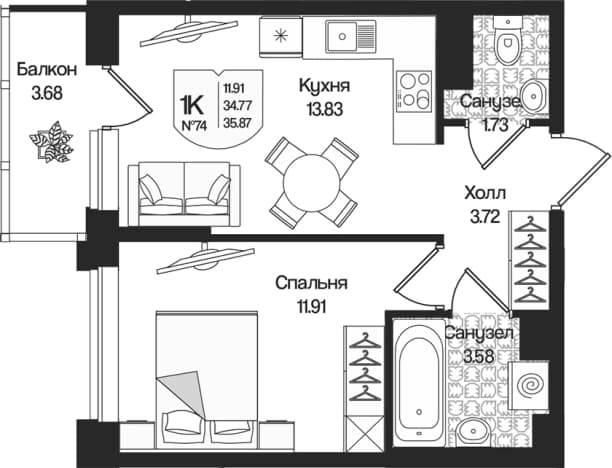 . Вариант № 1848703, 0, площадь - 34.77 квм, цена 8648263 рублей