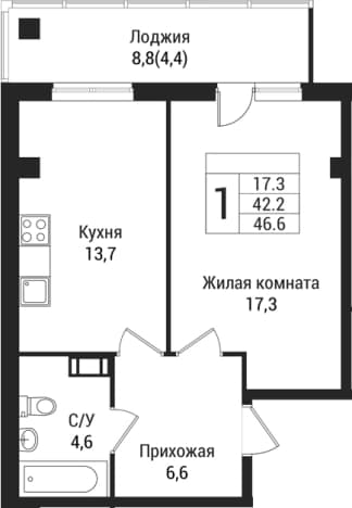 . Вариант № 1864602, 0, площадь - 42.2 квм, цена 7284600 рублей