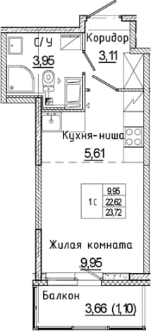 . Вариант № 1814883, 0, площадь - 22.62 квм, цена 4160690 рублей