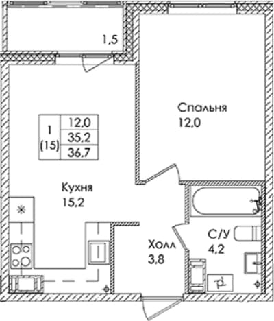. Вариант № 1822064, 0, площадь - 35.2 квм, цена 5183000 рублей