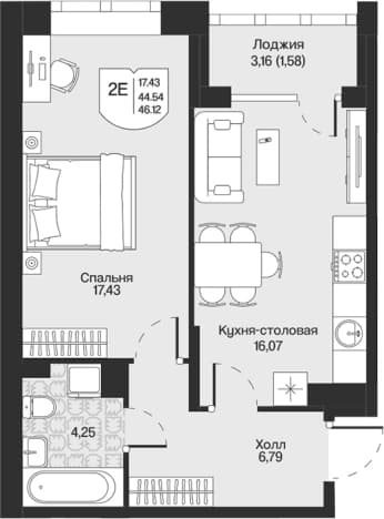 . Вариант № 1848541, 0, площадь - 44.54 квм, цена 11339728 рублей