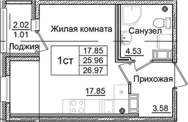 . Вариант № 1826439, 0, площадь - 25.96 квм, цена 5262515 рублей