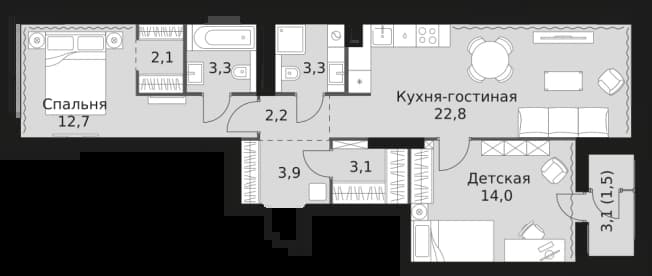 . Вариант № 2407441, 0, площадь - 68.9 квм, цена 31556200 рублей