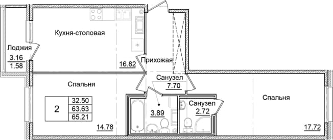. Вариант № 2261387, 0, площадь - 63.63 квм, цена 11607380 рублей