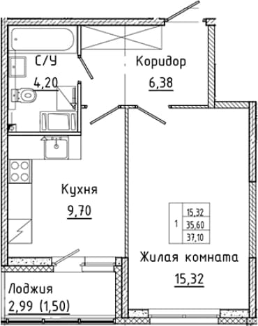. Вариант № 2340785, 0, площадь - 35.6 квм, цена 7886221 рублей