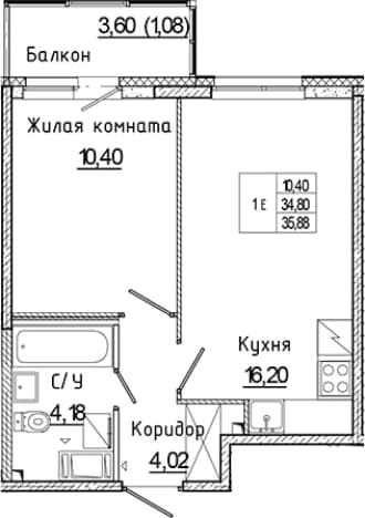 . Вариант № 1814986, 0, площадь - 34.8 квм, цена 6468949 рублей