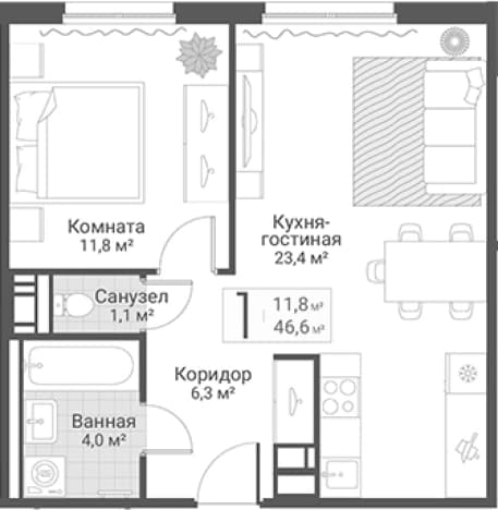 . Вариант № 2022736, 0, площадь - 46.6 квм, цена 15500000 рублей