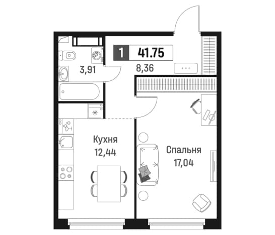 . Вариант № 1835470, 0, площадь - 41.75 квм, цена 8749198 рублей