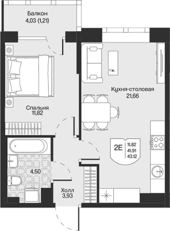 . Вариант № 1848551, 0, площадь - 41.91 квм, цена 10655116 рублей