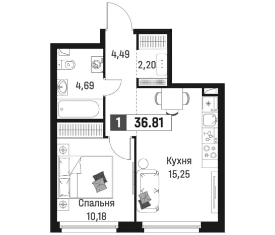 . Вариант № 1835063, 0, площадь - 36.81 квм, цена 7857702 рублей