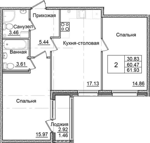 . Вариант № 1910304, 0, площадь - 60.47 квм, цена 10668804 рублей