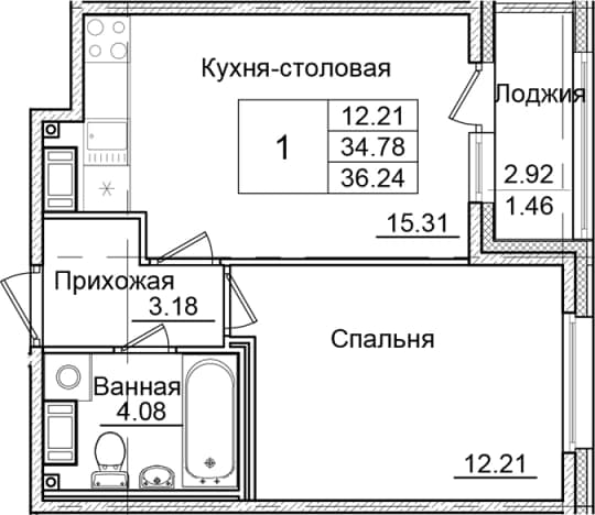 . Вариант № 1826898, 0, площадь - 34.78 квм, цена 7171403 рублей