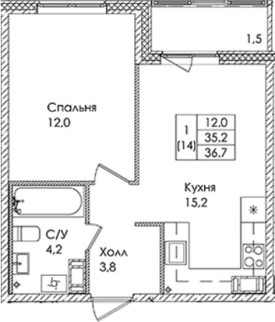 . Вариант № 1822094, 0, площадь - 35.2 квм, цена 4449000 рублей