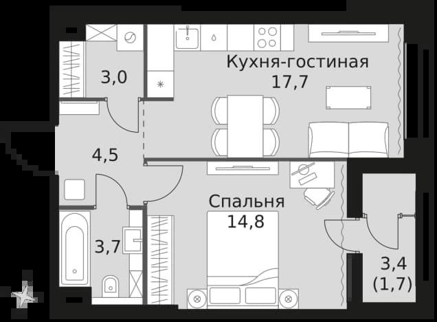 . Вариант № 2347716, 0, площадь - 45.4 квм, цена 25719100 рублей