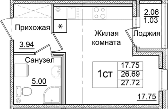 . Вариант № 2007781, 0, площадь - 26.69 квм, цена 4920089 рублей