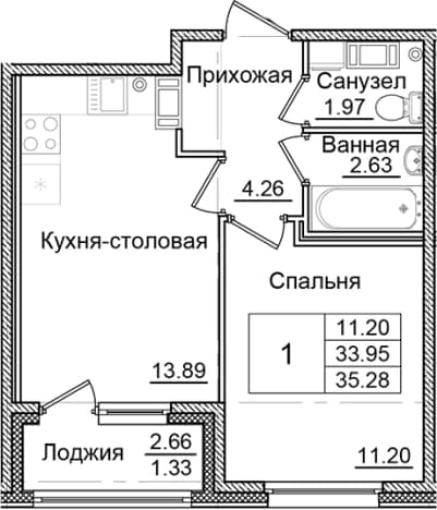 . Вариант № 2007836, 0, площадь - 33.95 квм, цена 6324549 рублей